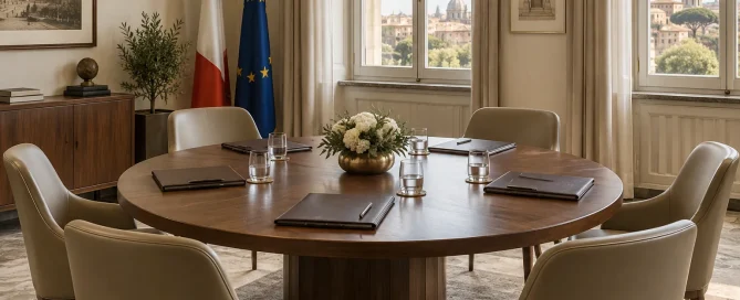 Sala riunioni con tavolo circolare e cartelle predisposte per il confronto associativo