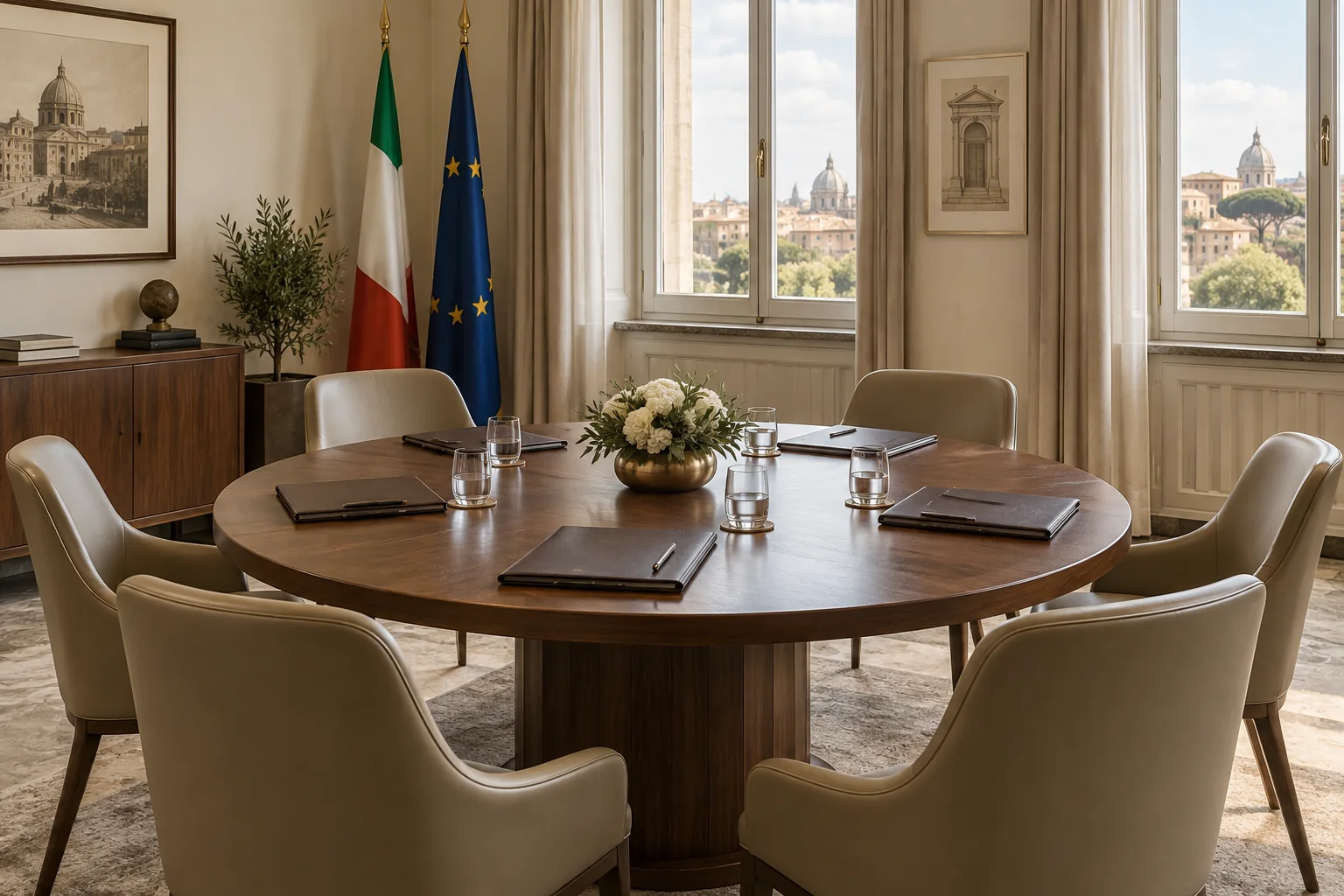 Sala riunioni con tavolo circolare e cartelle predisposte per il confronto associativo