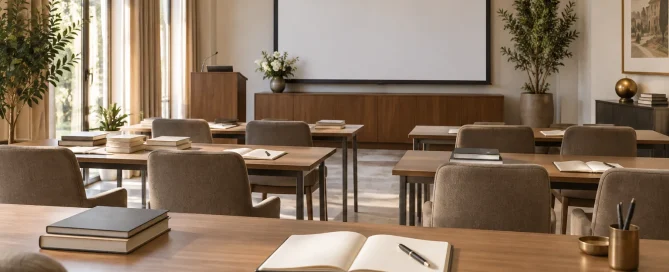 Aula per la formazione professionale con quaderni e schermo di presentazione