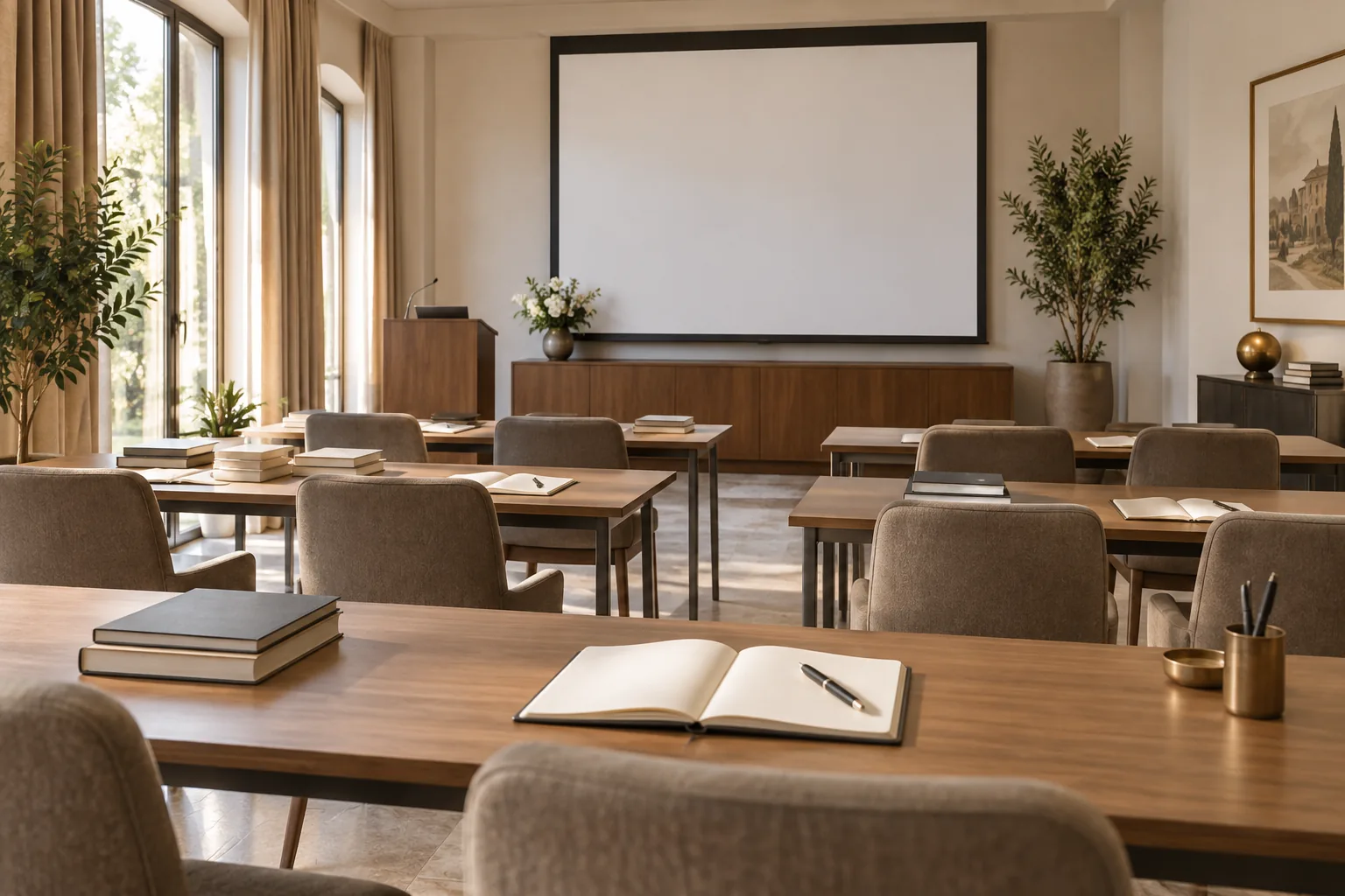 Aula per la formazione professionale con quaderni e schermo di presentazione