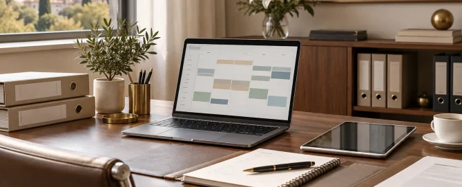 Postazione organizzata con computer, agenda digitale e archivio documentale