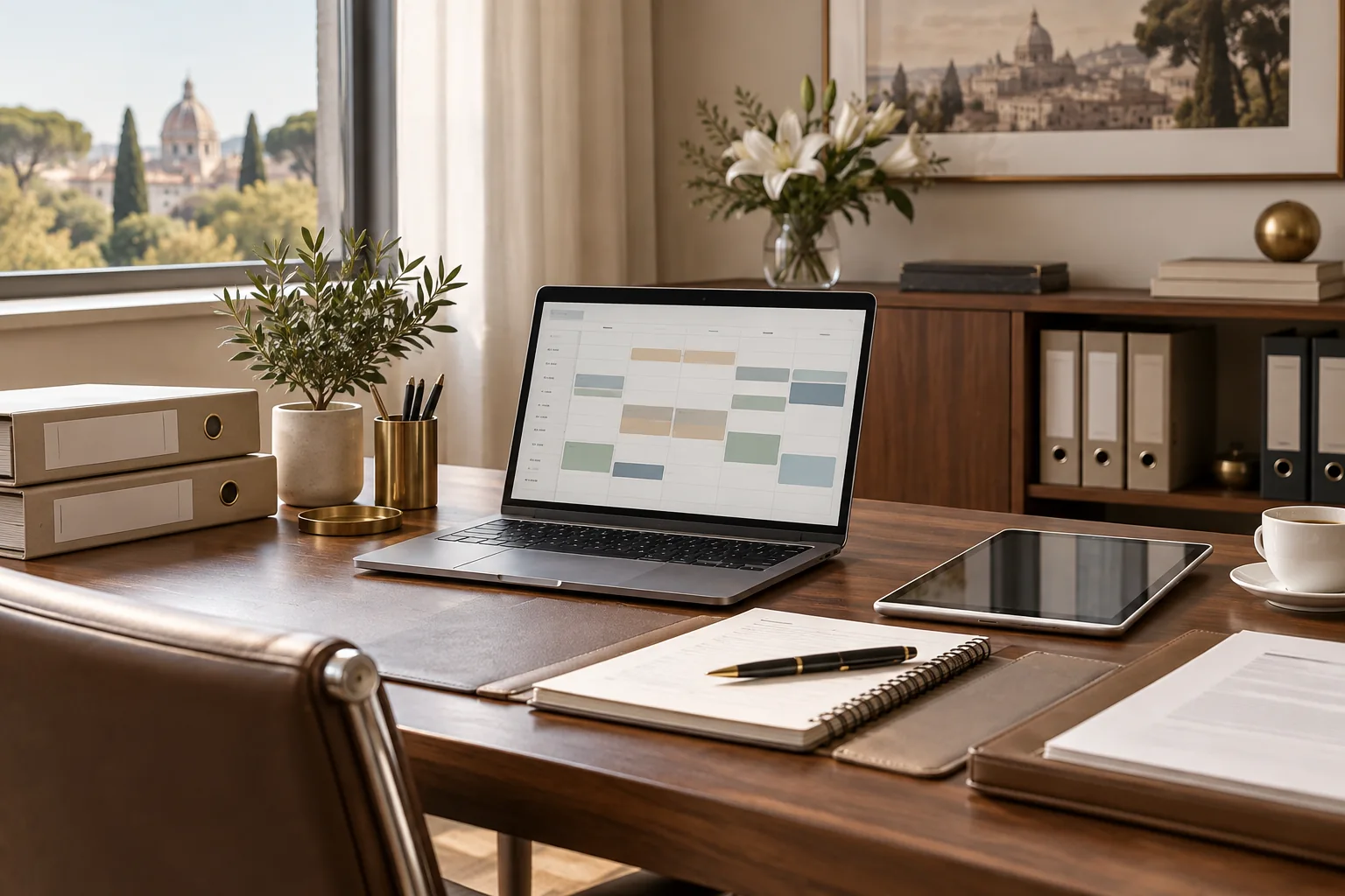 Postazione organizzata con computer, agenda digitale e archivio documentale