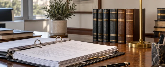 Raccoglitore di documenti e volumi di consultazione su una scrivania