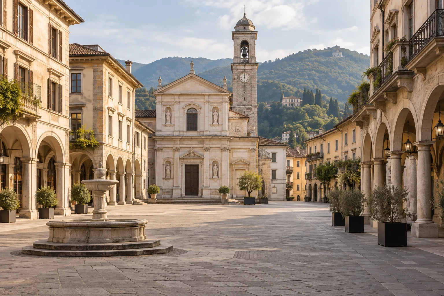 Piazza di un centro italiano con portici ed edifici affacciati sul territorio