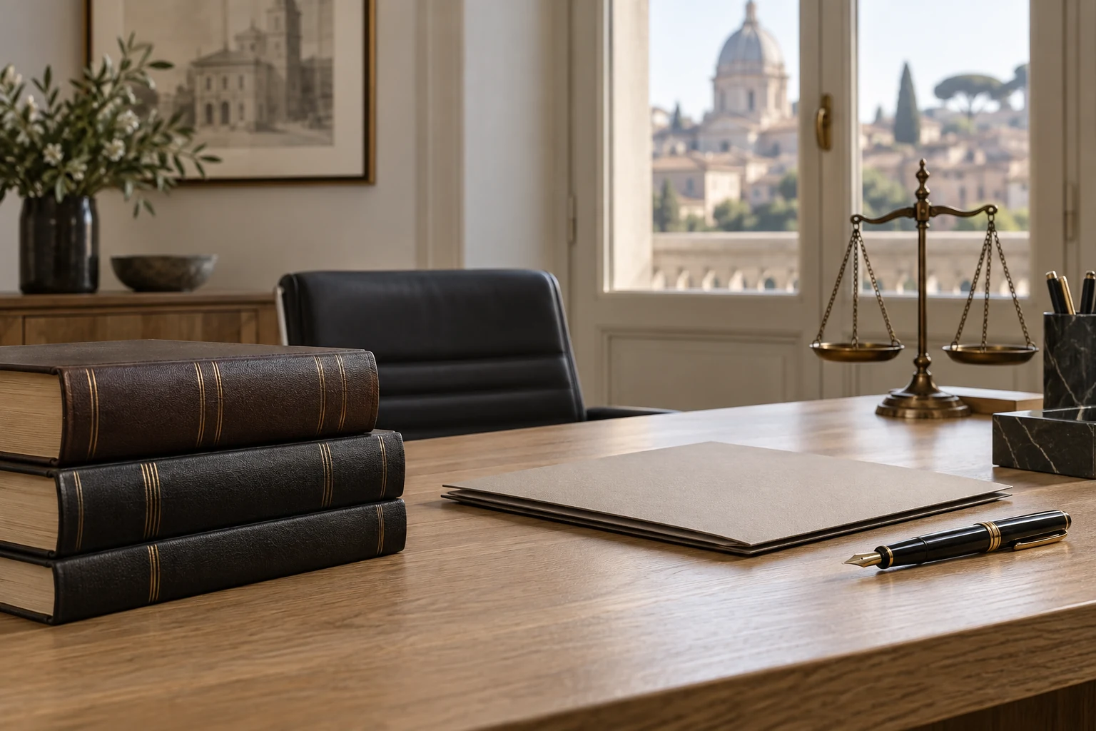 Scrivania con libri e documenti per la tutela delle imprese