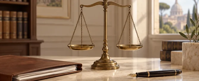 Bilancia della giustizia, documenti e penna in uno studio legale